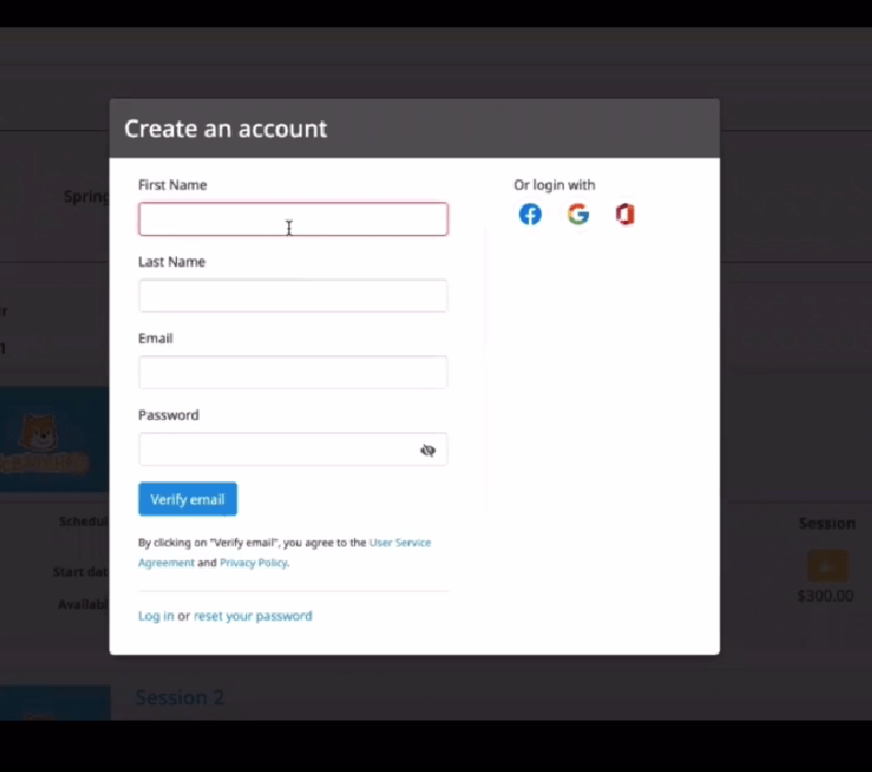 Image shows where you create an account.